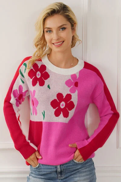 Floral Round Neck Dropped Shoulder Sweater Earthy Women's Hemp - based