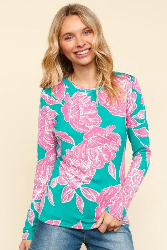 Haptics Full Size Floral Round Neck Long Sleeve T-Shirt Monochromatic Office Style
