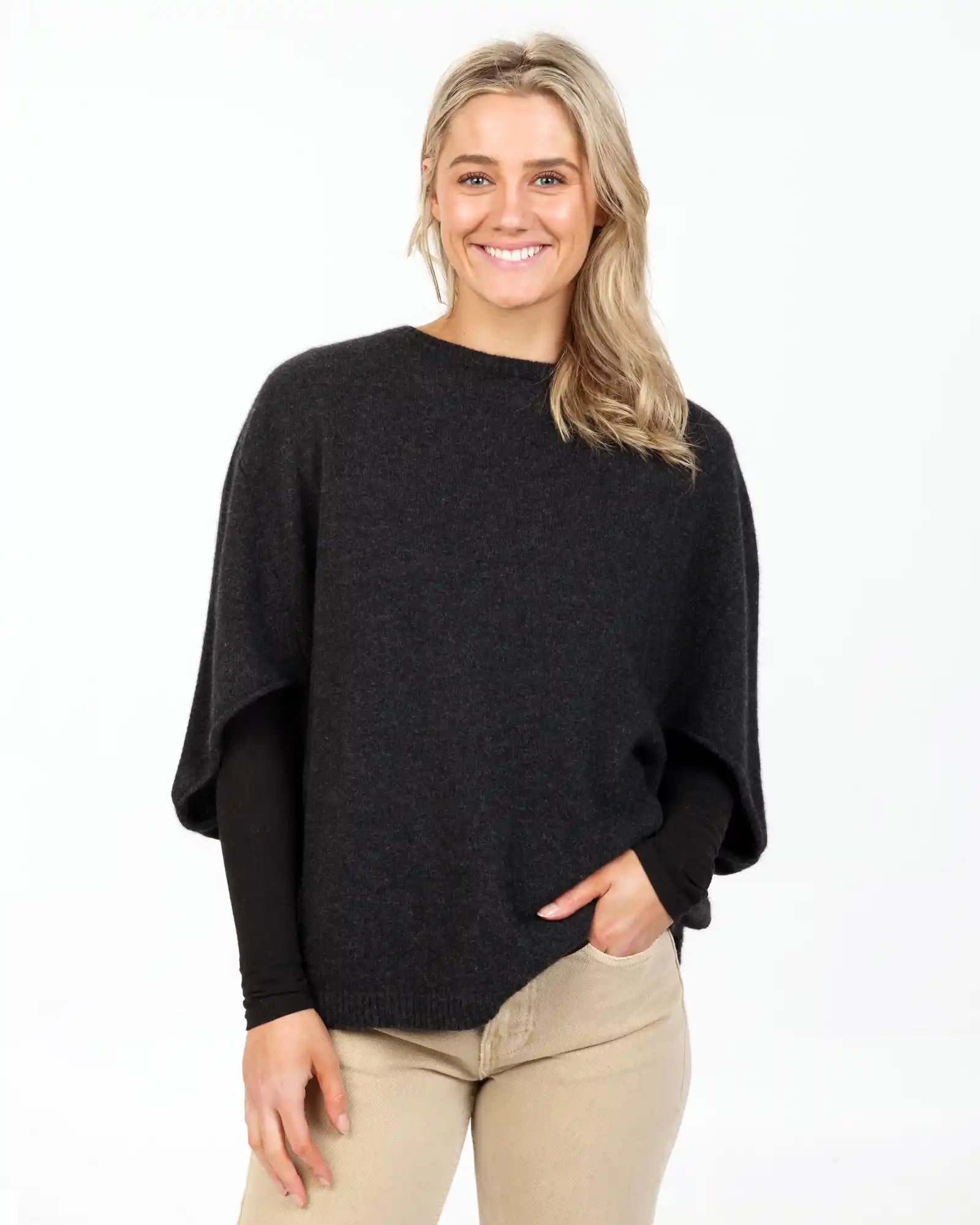 Charcoal Poncho Tunic in Possum Merino Wool - NB868 Gym