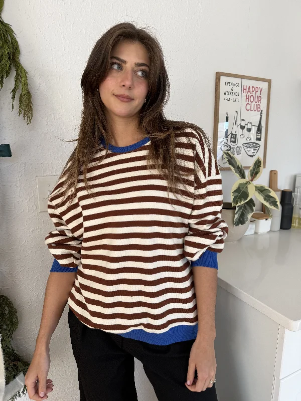 Things Between Phoebe Striped Cotton Pullover Sweatshirt (Blue) Cozy Women's Sherpa - lined
