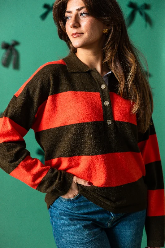 FRNCH Akiko Red and Green Stripe Polo Sweater Top Monochromatic All - in - one