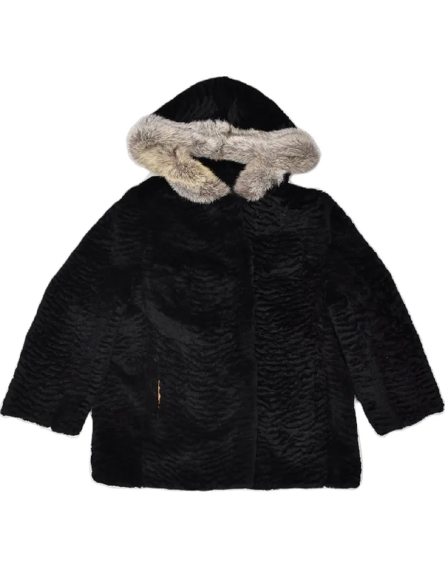 VINTAGE Womens Hooded Faux Fur Overcoat UK 16 Large Black British Gentlewoman Style