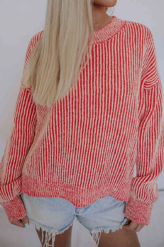 Dropped Shoulder Round Neck Sweater Laid - back Women's Style
