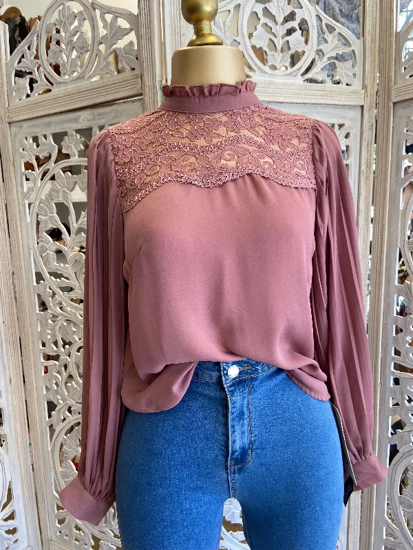 Mauve High Neck Lace Blouse