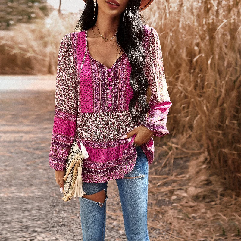 Casual Printed V-Neck Button Up Long Sleeve Top Wholesale Womens Tops