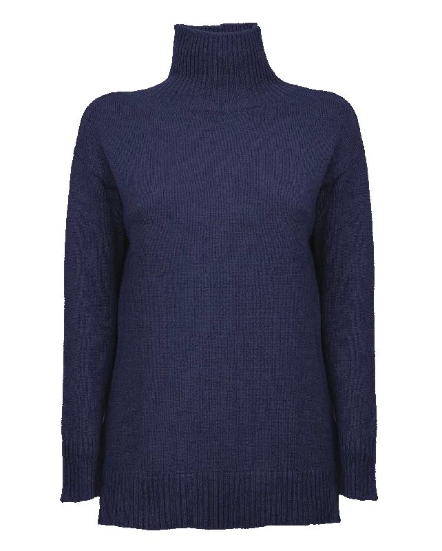 NEW FALL 24 - Women's Wool & Cashmere Funnel Neck Sweater Night Blue by Monticelli Cashmere Monochromatic Office Style