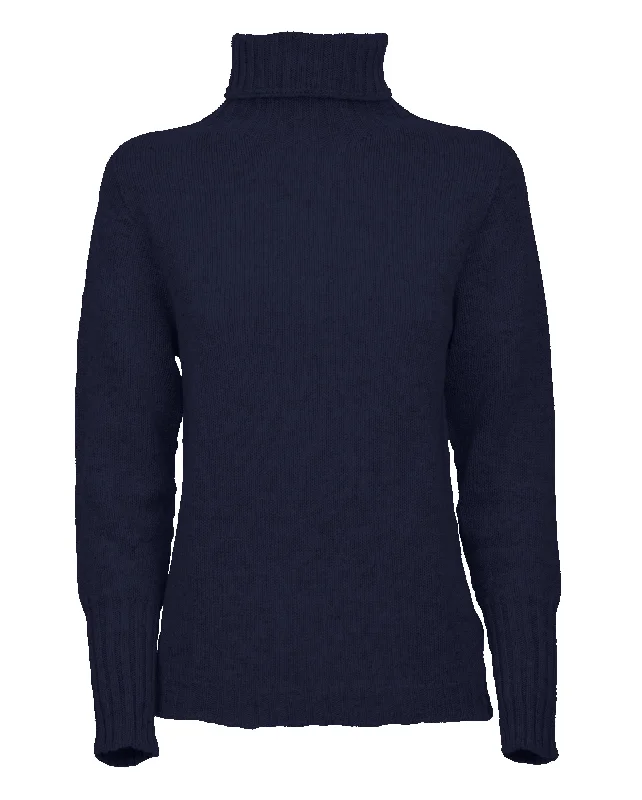 NEW FALL 24 - Women's Classic Cashmere Turtleneck Sweater Night Blue by Monticelli Cashmere Dapper Women's Bow - adorned