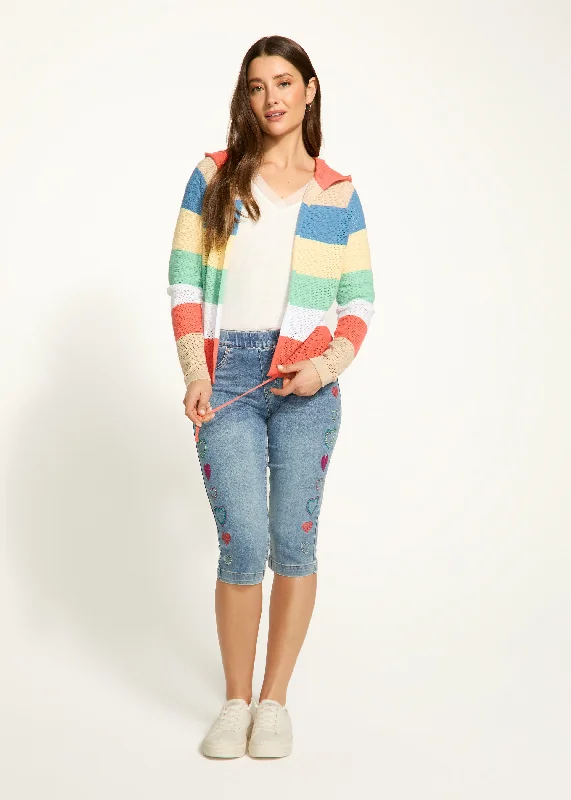 Striped Pointelle Hooded Cardigan, Parasol Stripe