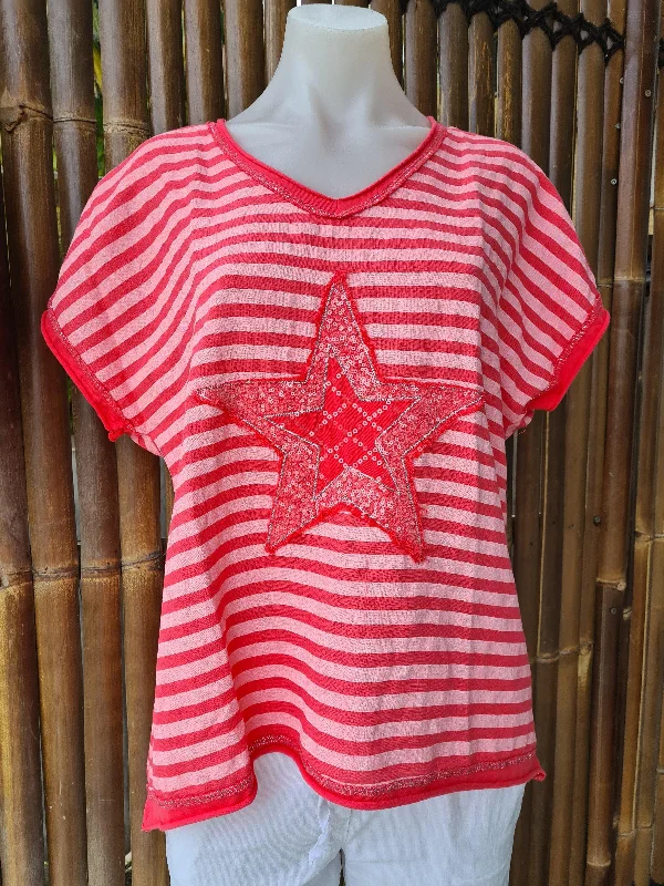 LST21-D1 La Strada Linen Cotton Coral Stripe Star Top performance