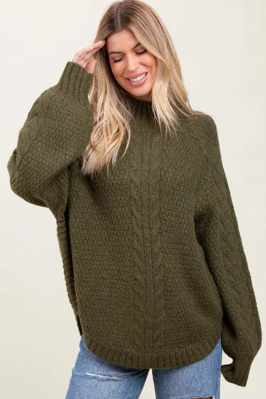 Olive Mixed Chunky Cable Knit Mock Neck Sweater Dapper Women's Bow - adorned