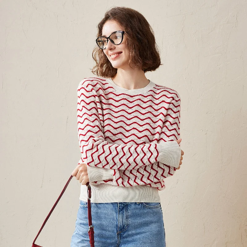 100% Cashmere Wave Pattern Knit Sweater Dynamic Women's High - energy
