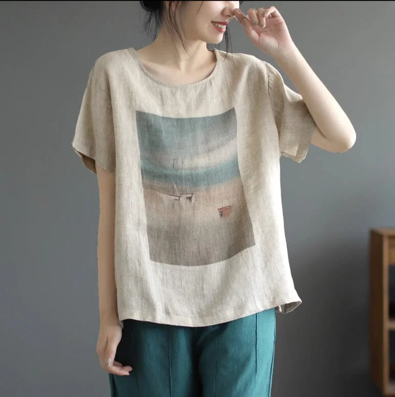 Women Summer Loose Casual Retro Linen T-Shirt