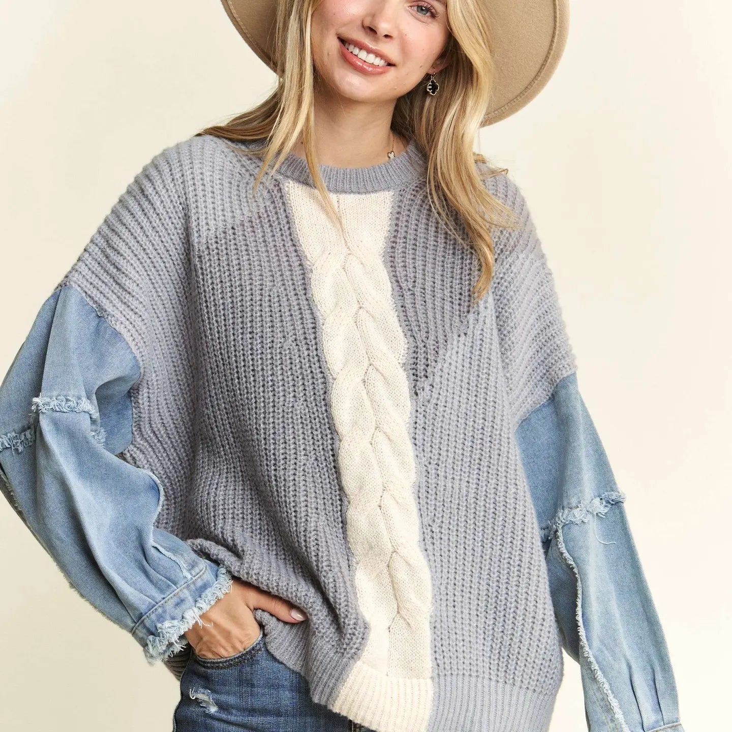 Lucy Colorblock Denim Sleeve Sweater Streetwear Style for 