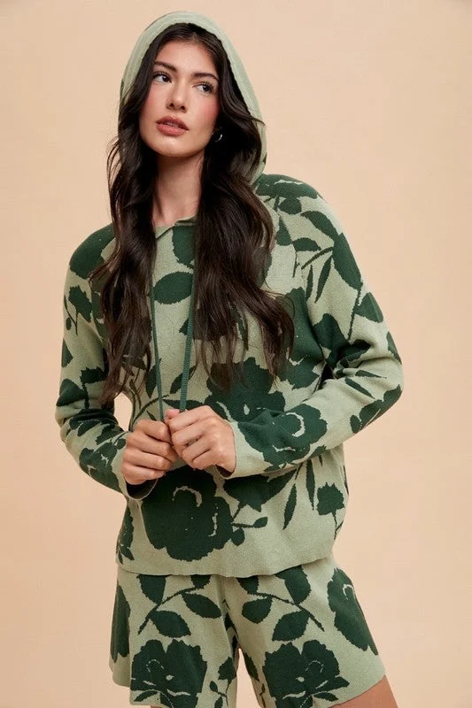 Annie Wear Flower Pattern Drawstring Hooded Top and Shorts Sweater Set Confident Women's High - fashion
