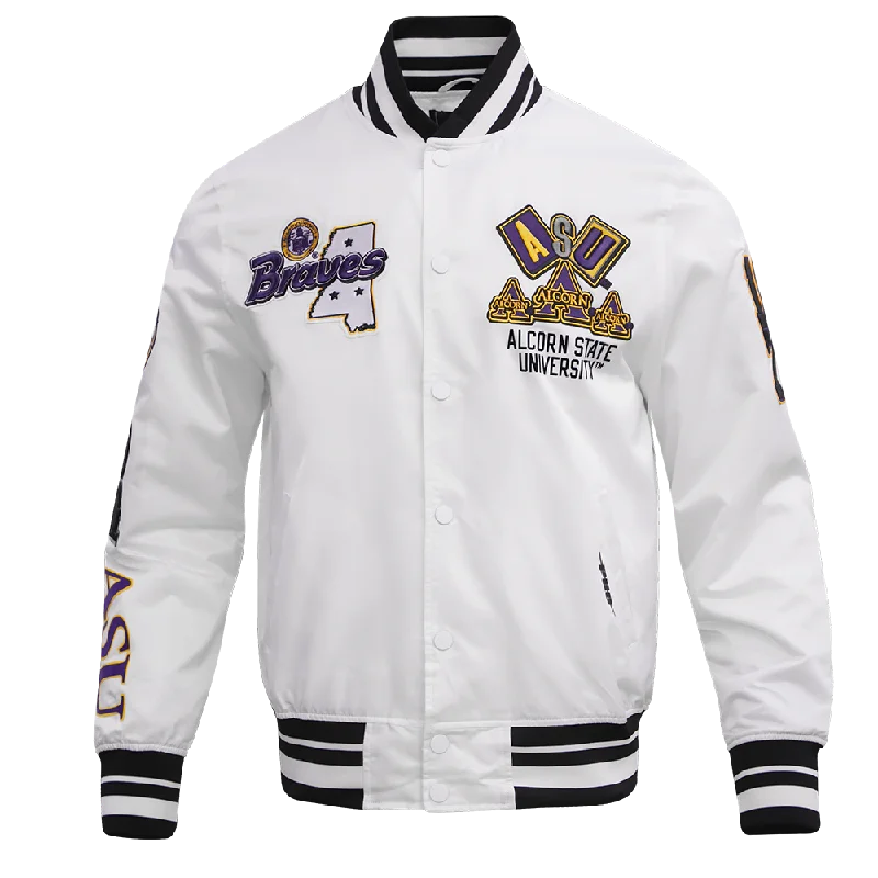 NCAA ALCORN STATE UNIVERSITY HOMECOMING RIB MEN'S SATIN JACKET (WHITE/BLACK)