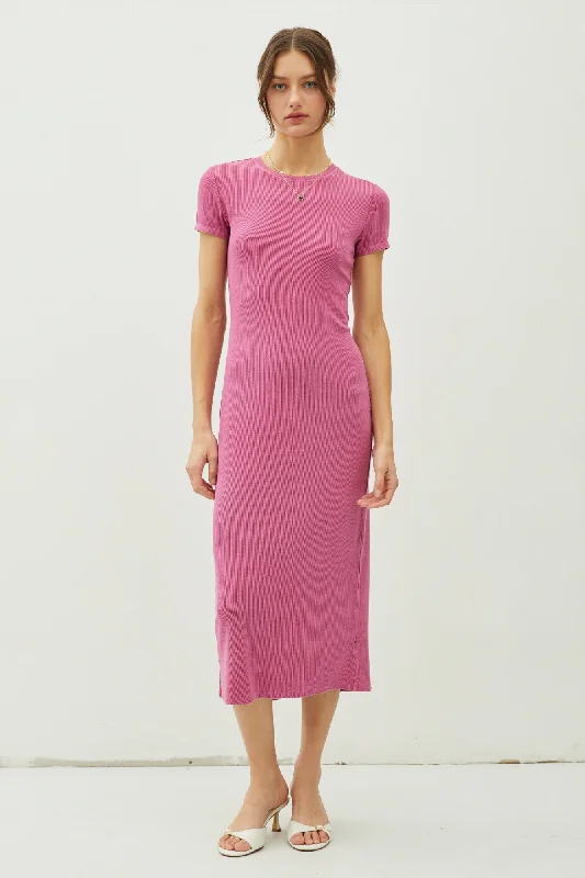 Magenta Rib Knit Back Slit Dress