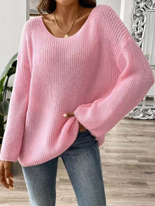 Round Neck Long Sleeve Sweater Sleek Women's Metallic