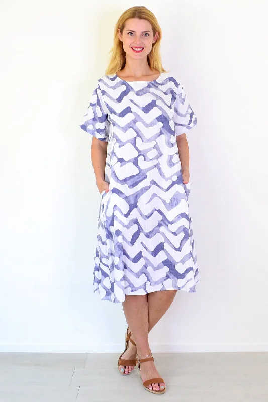 Blue Watercolour Cotton Linen Tunic Dress