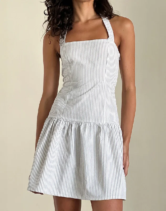 Panja Mini Dress in Small Stripe Vertical Grey Australian Beach