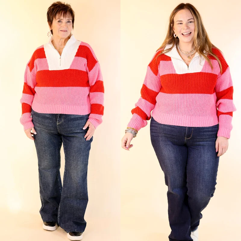 Candy Crush Half Zip Striped Rugby Style Sweater in Red and Pink Casual Women's Loose - fitting