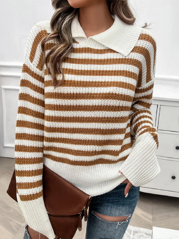 Striped Collared Neck Long Sleeve Sweater Bohemian Women's Free