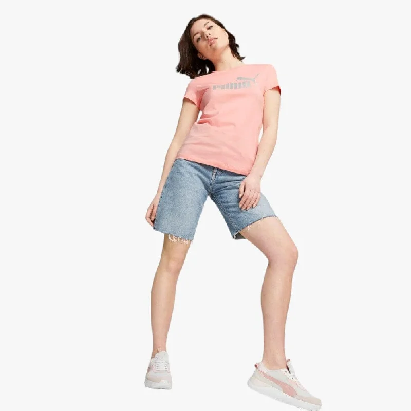 Puma Womens Ess+ Metallic Logo Short Sleeve Tee Peach Smoothie Traditional Women's 