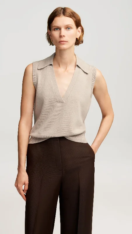 Collared Sleeveless Knit in Merino Wool | Beige Earthy Women's Hemp - based