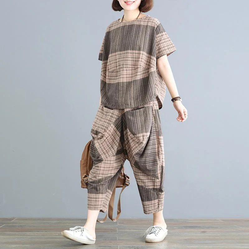 Babakud Plaid Color Block T-Shirt Pants Two Pieces Sets