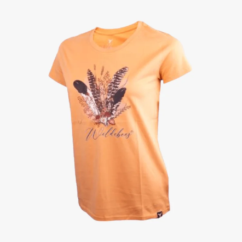 Wildebees Womens Feather Floral Short Sleeve Honey Gold Monochromatic Office Style Wildebees Womens Feather Floral Short Sleeve Honey Gold Monochromatic Office Style