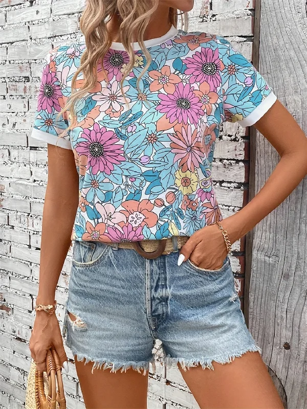 Floral Round Neck Short Sleeve T-Shirt Gym