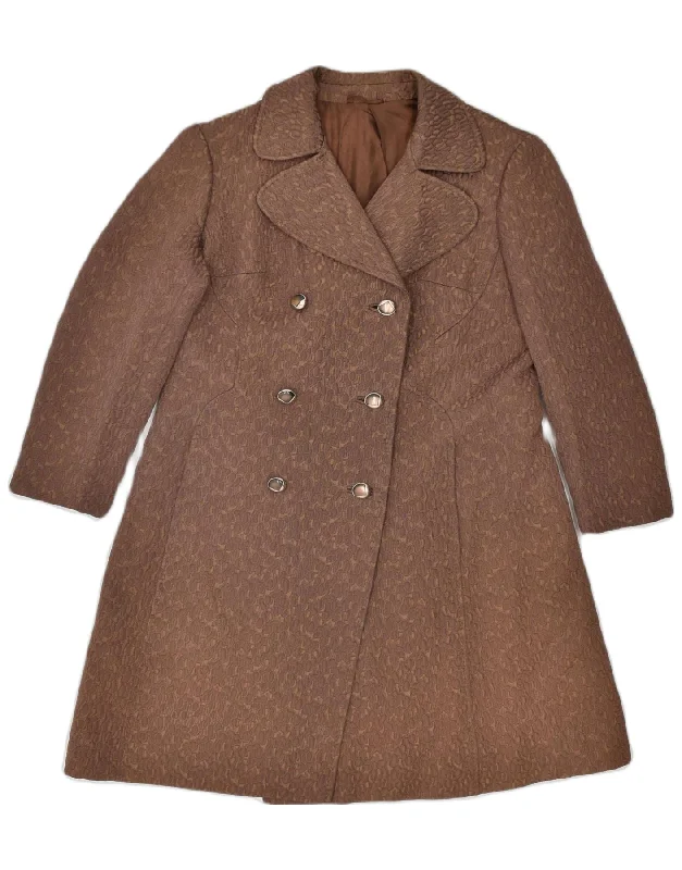 VINTAGE Womens Double Breasted Coat UK 14 Large Brown Cotton Business