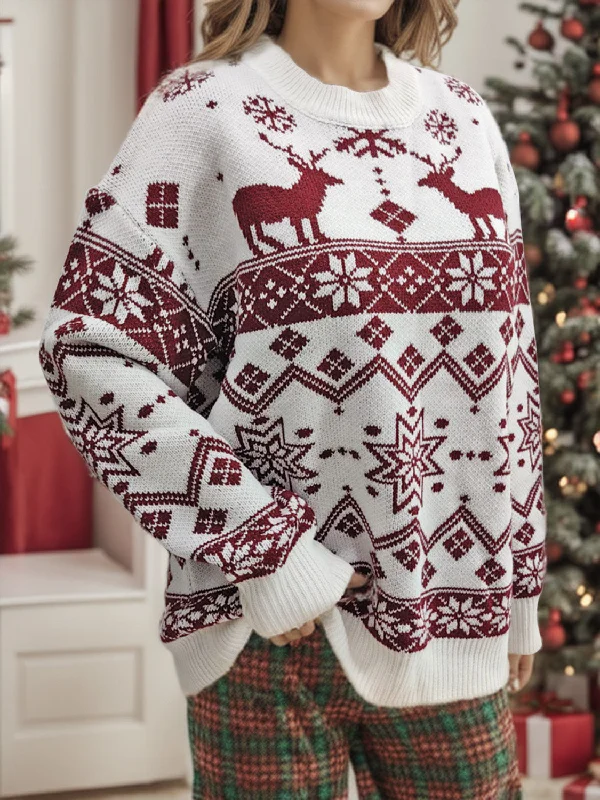 Snowflake Contrast Round Neck Long Sleeve Sweater Feminine Women's Soft 