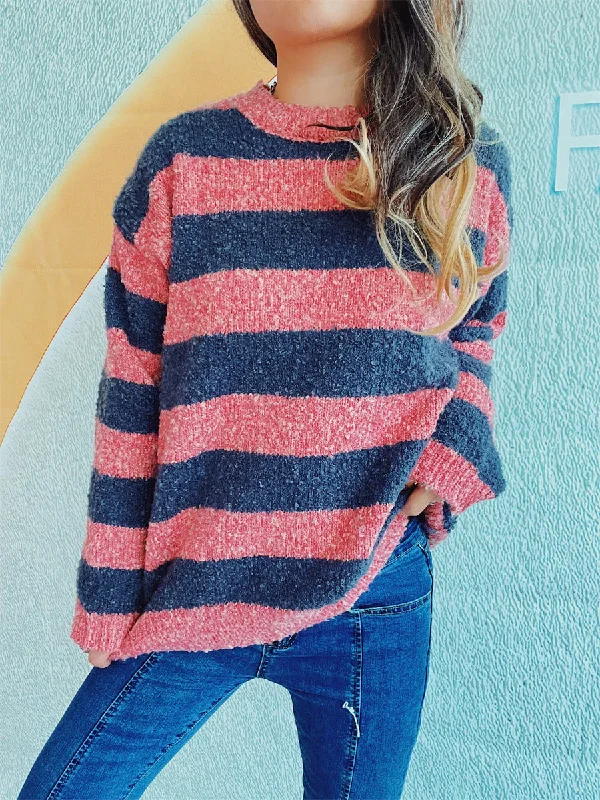 Striped Round Neck Long Sleeve Sweater Modern Women's 