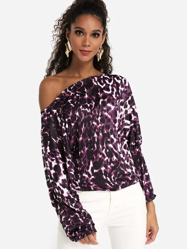 Custom One Shoulder Leopard Long Sleeve Purple T-Shirts Modern Women's Tech