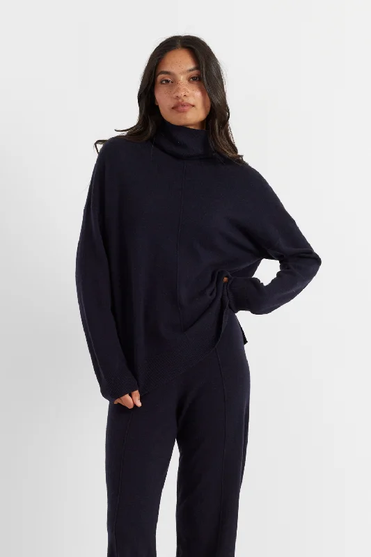 Navy Wool-Cashmere Relaxed Rollneck Sweater Cool Women's Distressed