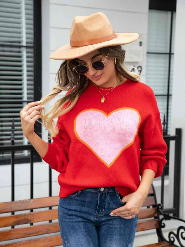 Heart Graphic Round Neck Sweater Cool Women's Distressed