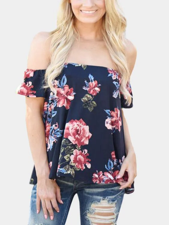 Custom Off The Shoulder Floral Print Asymmetrical Hem Navy T-Shirts Modern Women's 