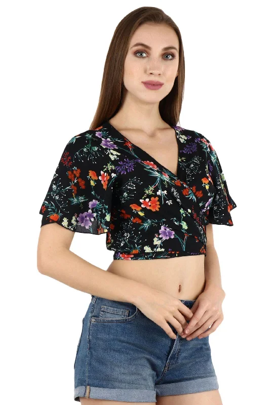 Black Floral Printed Wrap Around Top