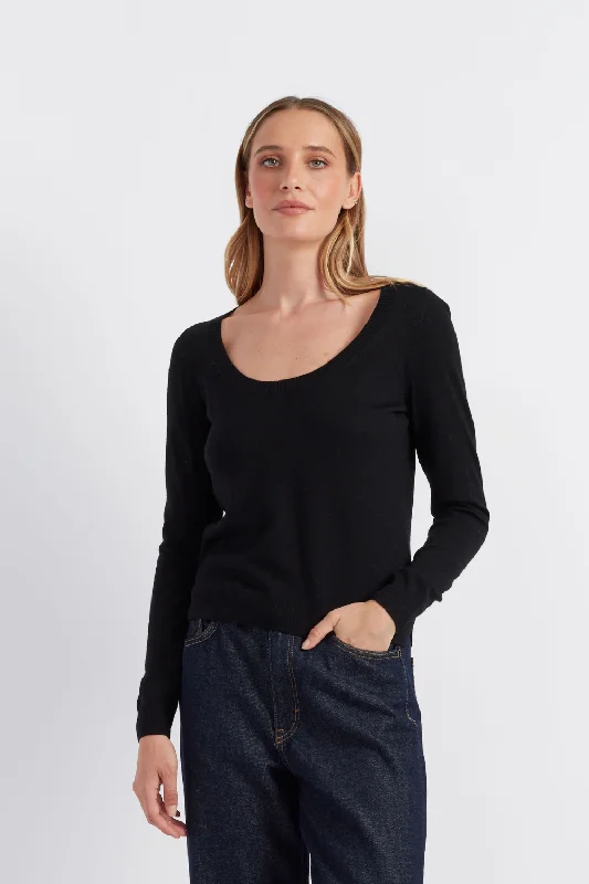 Black Pure Merino Scoop Neck Sweater Trendy Women's Oversized