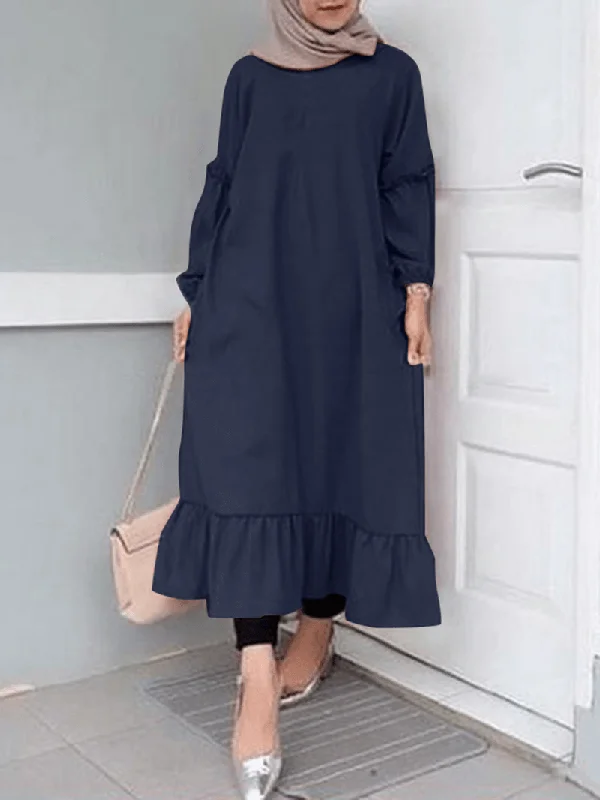 Women Ruffle Hem Trim Solid Color O-Neck Casual Elastic Cuff Shirt Maxi Dress with Pockets