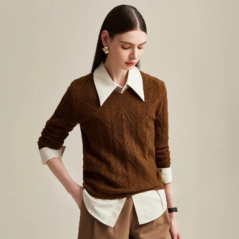 100% Cashmere Cable Knit V-Neck Sweater Preppy Women's College