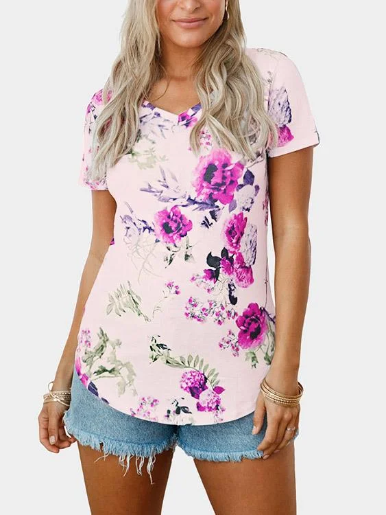 Wholesale V-Neck Floral Print Short Sleeve Curved Hem T-Shirts Gym