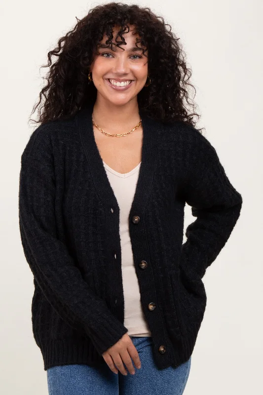 Black Waffle Knit Button Up Cardigan Unique Women's Upcycled