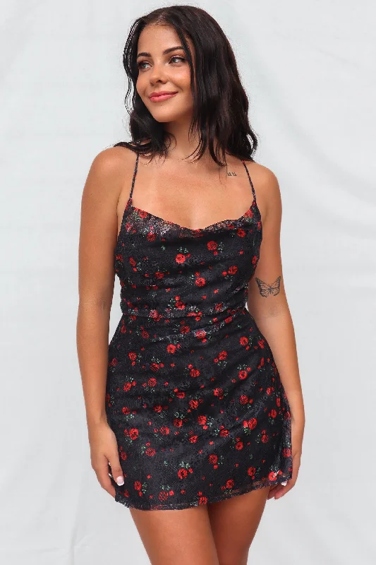 Charly Mini Dress - Black Roses