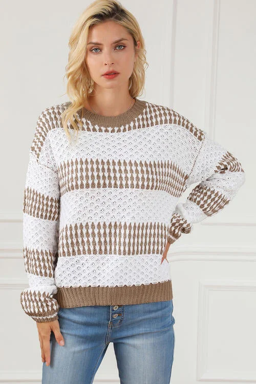 Striped Round Neck Long Sleeve Knit Top Athletic Women's High - 
