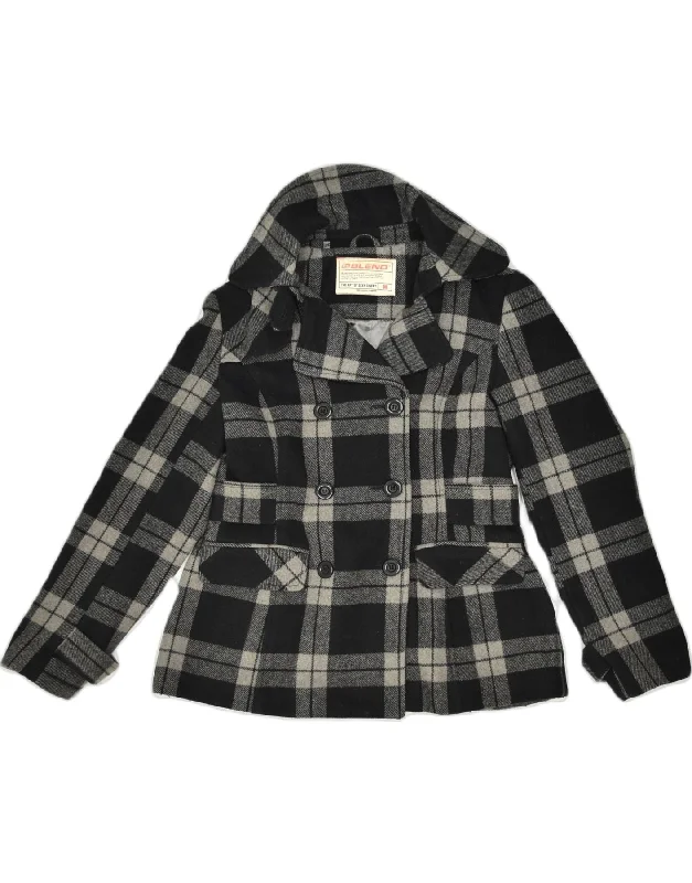 VINTAGE Womens Double Breasted Coat UK 12 Medium Black Check Wool Classic Edgy Women's Punk