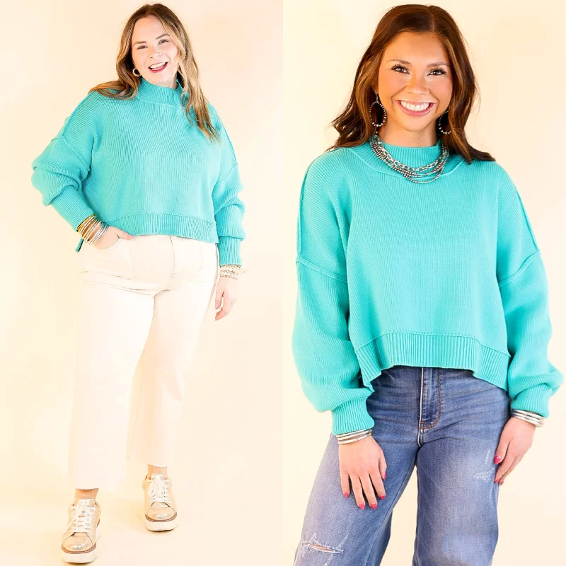 Fireside Fit Cropped Long Sleeve Mock Neck Sweater in Turquoise Blue Dapper Women's 1920S