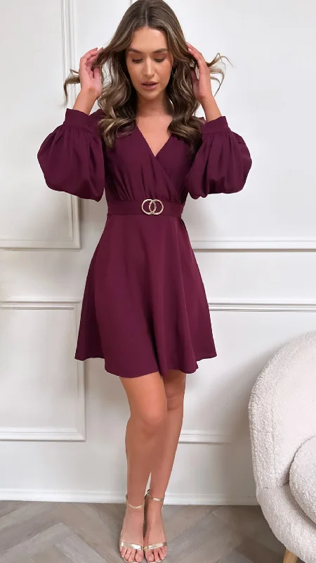 Lalika Raspberry Long Sleeve Buckle Skater Dress Dapper Women's Bow - adorned