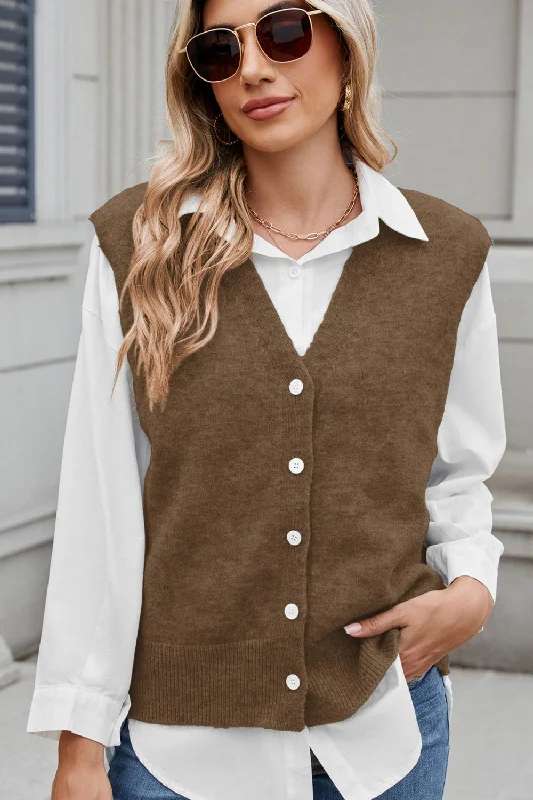 Button Down V-Neck Sweater Vest Traditional Women's Wool