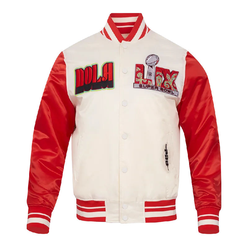 NFL SUPER BOWL 59 MEN'S RIB SUBLIMATED SATIN JACKET (EGGSHELL/CRAWFISH RED)